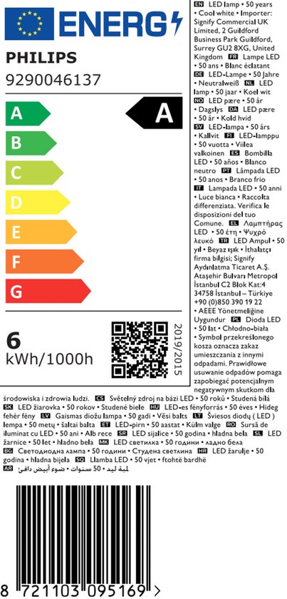 Energielabel voor een Philips LED-lamp met vermelding van 6 kWh/1000h en 50 jaar levensduur.