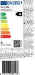 Energielabel voor een Philips LED-lamp met vermelding van 6 kWh/1000h en 50 jaar levensduur.
