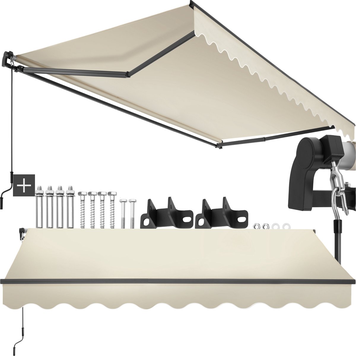 tectake® Zonnescherm met Knikarm - 300 x 250 cm - Zonneluifel - Zonwering voor Raam, Balkon, Buiten - Te Monteren aan Muur - Water- en UV-Bestendig - Beige