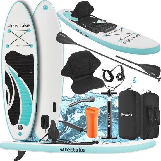 tectake® - Stand-Up Paddle Board - SUP plank - Opblaasbaar - Stabiel - Incl. Kajakzitje - Complete set - 288 x 77 x 22,5 cm - max 200kg