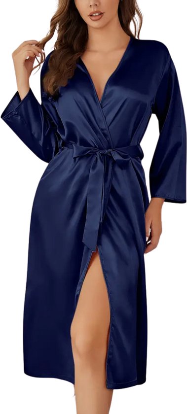 Bovista Satijnen Badjas Dames - Kimono - Kamerjas - Satijn - Ochtendjas - Pyjama - Marineblauw - Maat XL