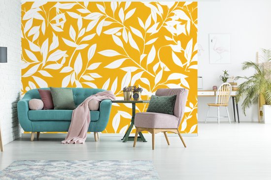Behang - Fotobehang Bladeren - Takken - Geel - Breedte 350 cm x hoogte 260 cm