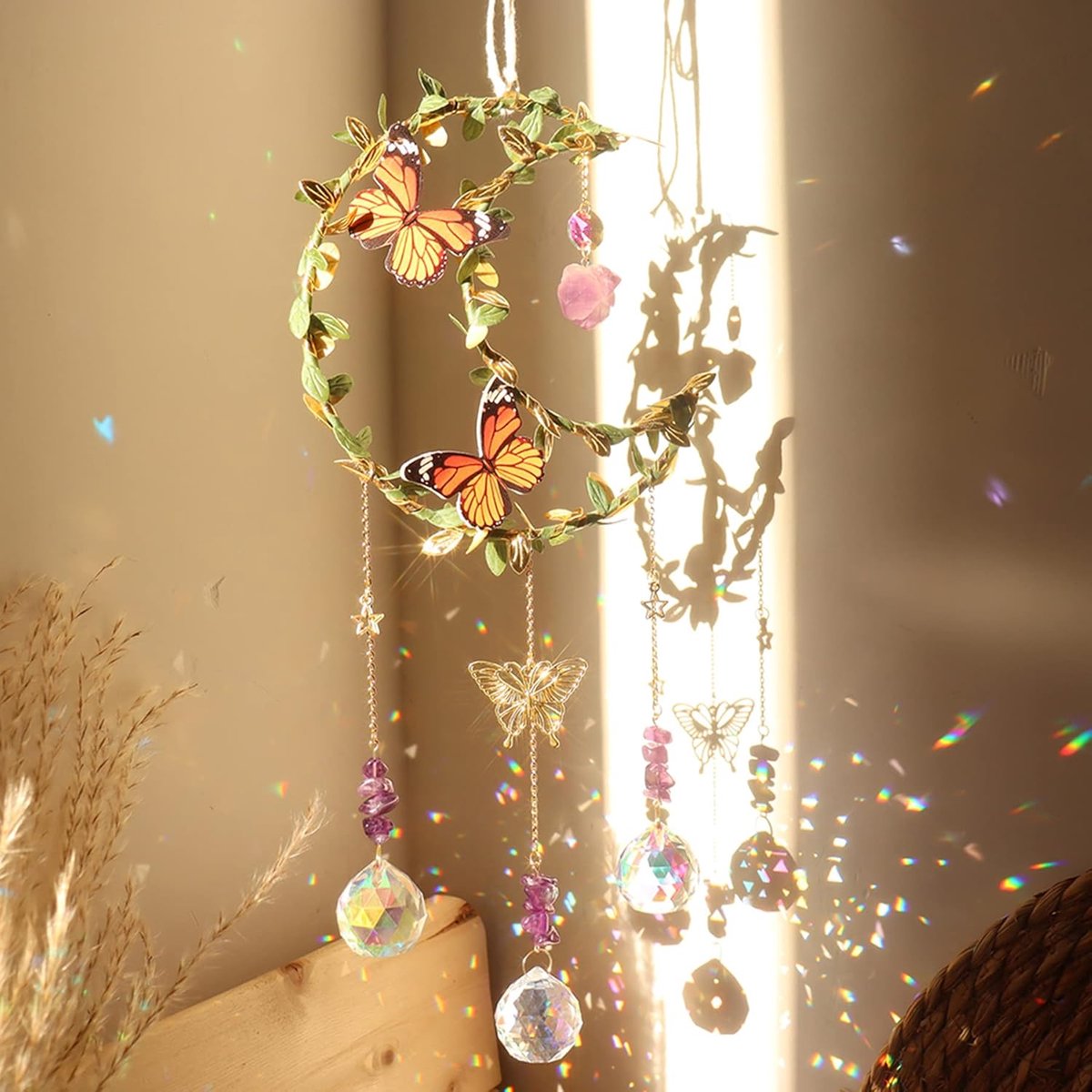 Kristallen Zonnevanger Groene Bladeren Om De Maan Gewikkeld Paarse Kristallen Hanger Decoratie Vlinder Raamdecoratie Hangend Kristallen Regenboog