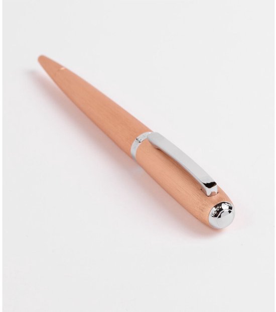 Un stylo bille rose avec un corps en métal brossé et un clip argenté.