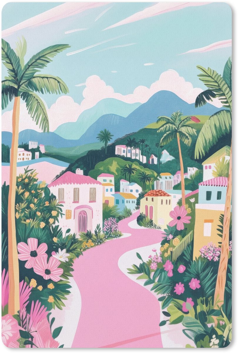 Muismat 18x27 cm - Mousepad Kleurrijk - Huizen - Heuvels - Roze - Muismatten