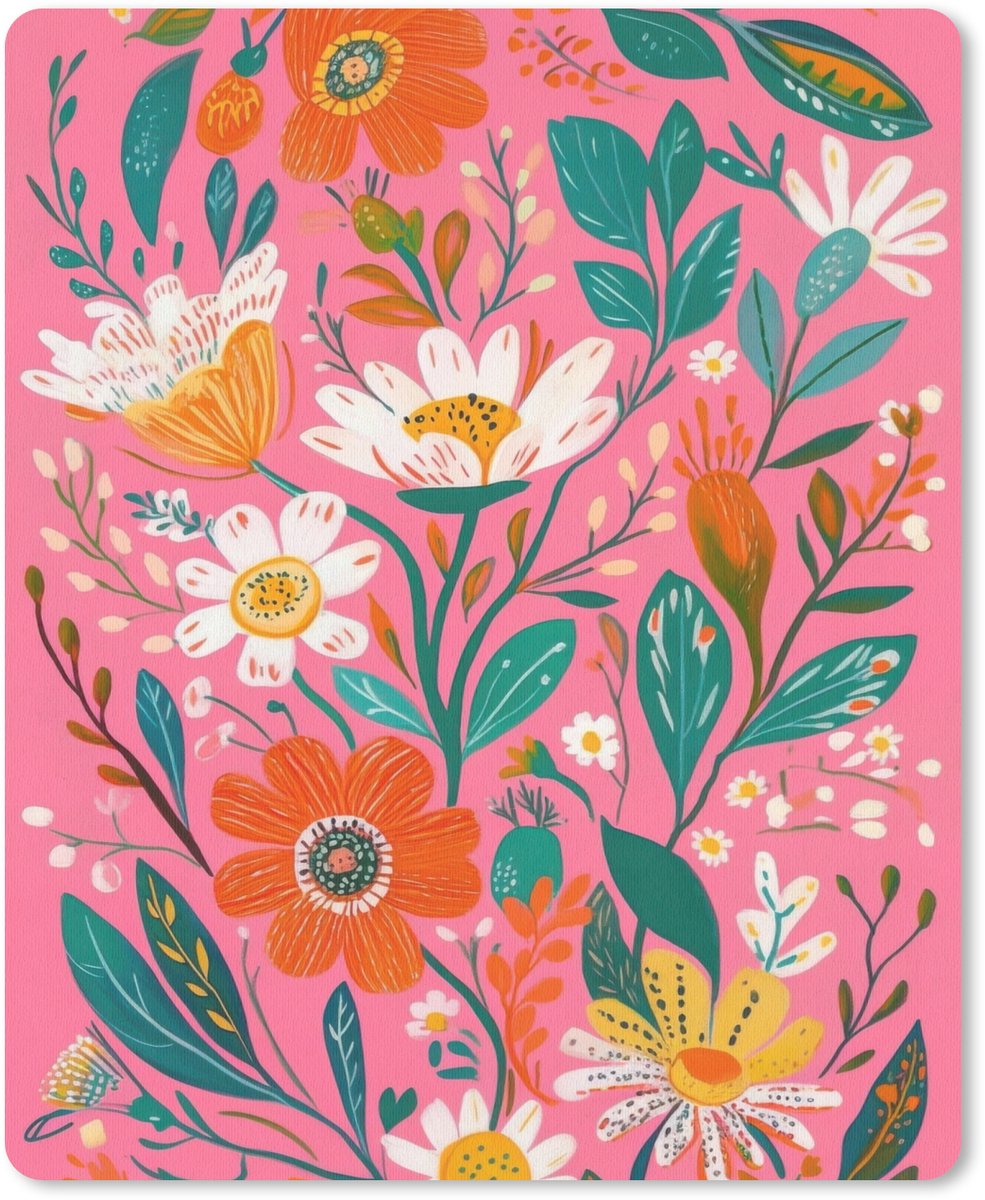 Muismat 19x23 cm - Mousepad Roze - Bloemen - Wit - Oranje - Muismatten