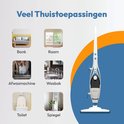 Witte stoomreiniger met blauwe accenten, naast afbeeldingen van verschillende huishoudelijke toepassingen: bank, raam, vaatwasser, wasbak, toilet en spiegel. "Veel Thuistoepassingen".