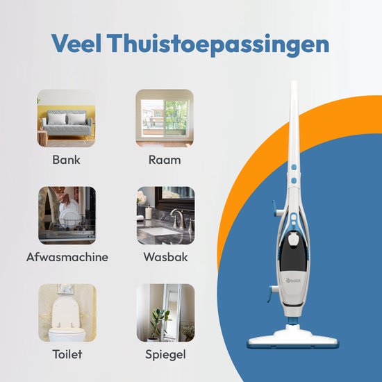 Witte stoomreiniger met blauwe accenten, naast afbeeldingen van verschillende huishoudelijke toepassingen: bank, raam, vaatwasser, wasbak, toilet en spiegel. "Veel Thuistoepassingen".