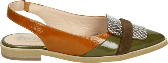 Escarpin slingback pointu Pertini en cuir verni vert et orange avec suède et imprimé serpent.