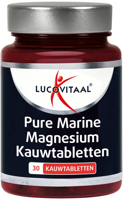 Rood flesje met zilveren dop, met etiket waarop LUCOVITAAL Pure Marine Magnesium Kauwtabletten 30 KAUWTABLETTEN staat.