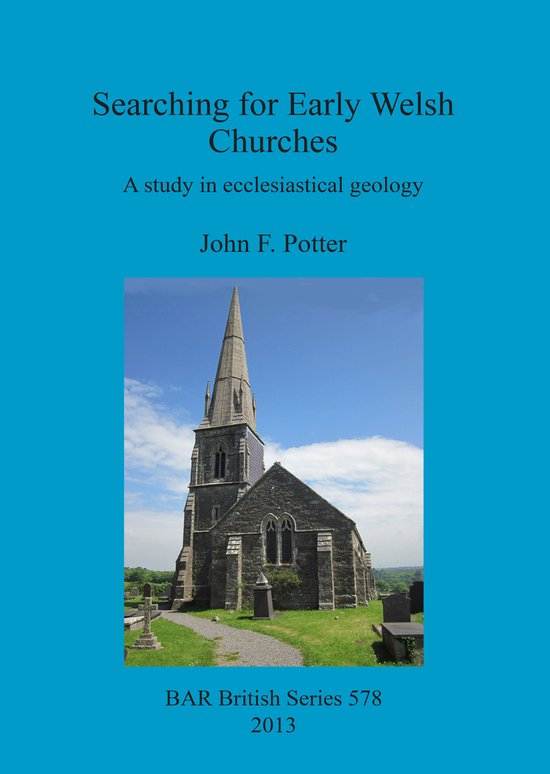 Boek 'Searching for Early Welsh Churches' met een afbeelding van een stenen kerk met kerkhof.