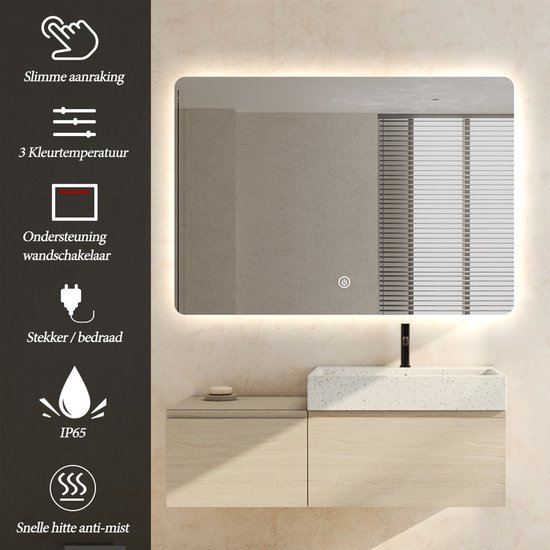 FENOME Miroir de salle de bain avec éclairage LED intégré et chauffage - Miroir de salle de bain - Miroir de salle de bain - Miroir de Douche - Chauffage Anti Condensation - 70 x 100 cm [DELUXE]