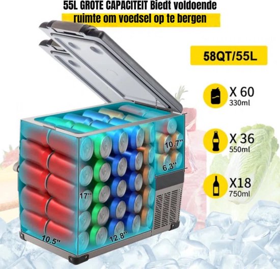 Koelbox XL - 55L - 60 Blikjes - Koeltas - Elektrisch - Oplaadbaar - Vriescombinatie - 220V - Camping, Auto, Caravan van Merkloos — afbeelding 2
