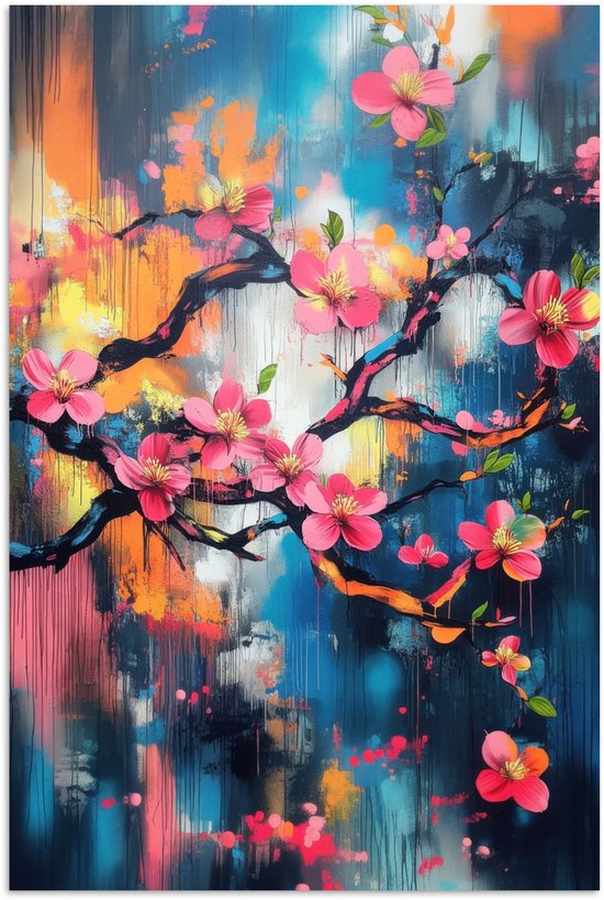 Poster 40x60 cm - Bloemen - Tak - Artistiek - Roze - Posters - Kamer decoratie - Wanddecoratie woonkamer - Muurdecoratie slaapkamer