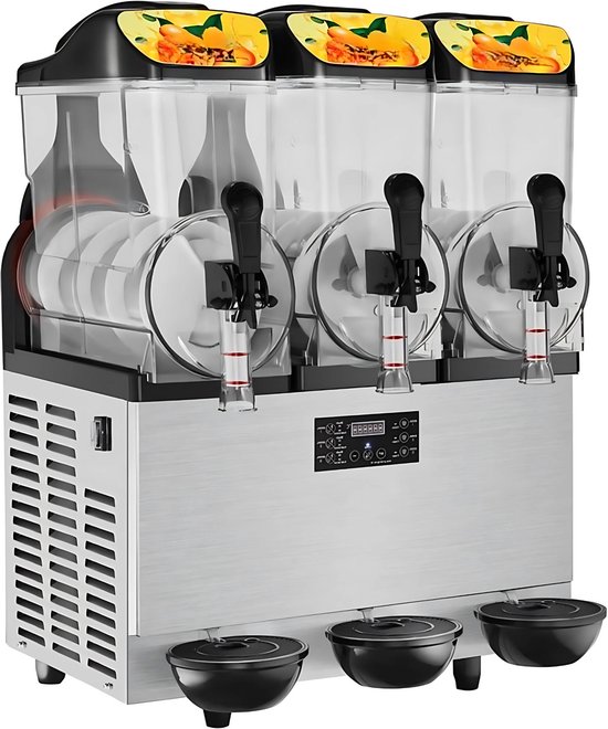 Roestvrijstalen slushmachine met drie doorzichtige tanks, zwarte handgrepen en een digitaal bedieningspaneel.