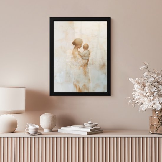 Poster in lijst - Fotolijst 30x40 cm - Posters - Kind - Moeder - Waterverfschilderij - Posterlijst zwart - Decoratie - Wanddecoratie woonkamer - Muurdecoratie slaapkamer