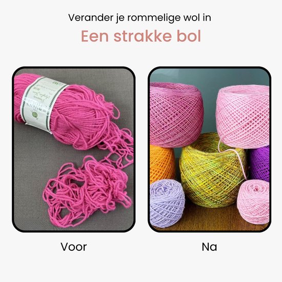 Voor: rommelige roze wol. Na: nette bollen roze, paarse, gele en oranje wol.