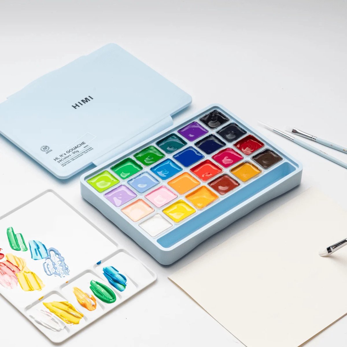 HIMI - Gouache - set van 24 kleuren - 30g - 3 penselen - Ice Blue Limited edition — afbeelding 5