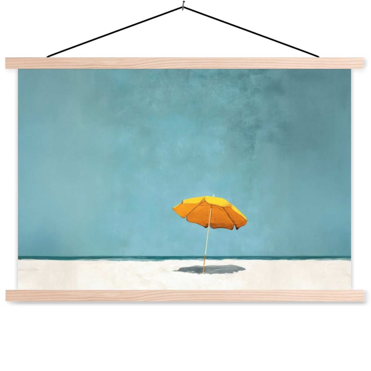 Posterhanger incl. Poster 60x40 cm - Schoolplaat - Parasol - Geel - Strand - Zee - Textiel