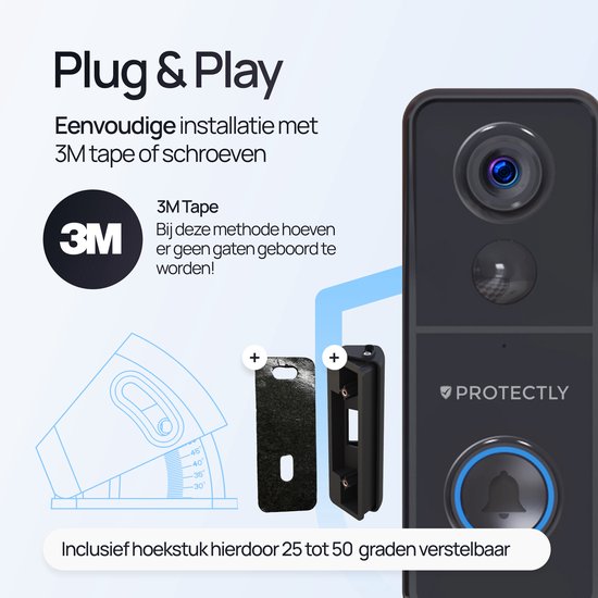 Slimme deurbel met 3M tape montageopties en verstelbare hoekbeugel, met logo.
