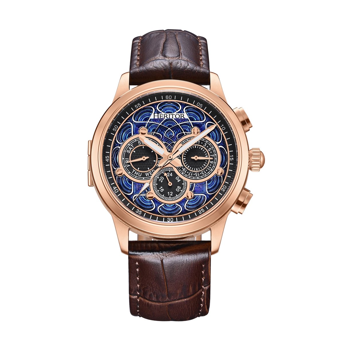 Heritor Automatic Apostle horloge met leren band en dag--datumfunctie - roségoud-bruin