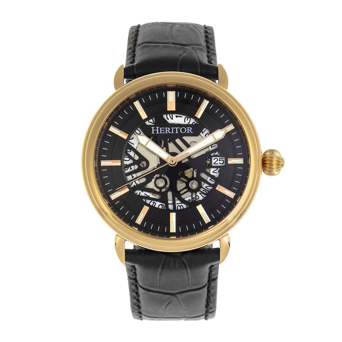 Heritor Automatic Mattias leren band horloge met datum - goud-zwart