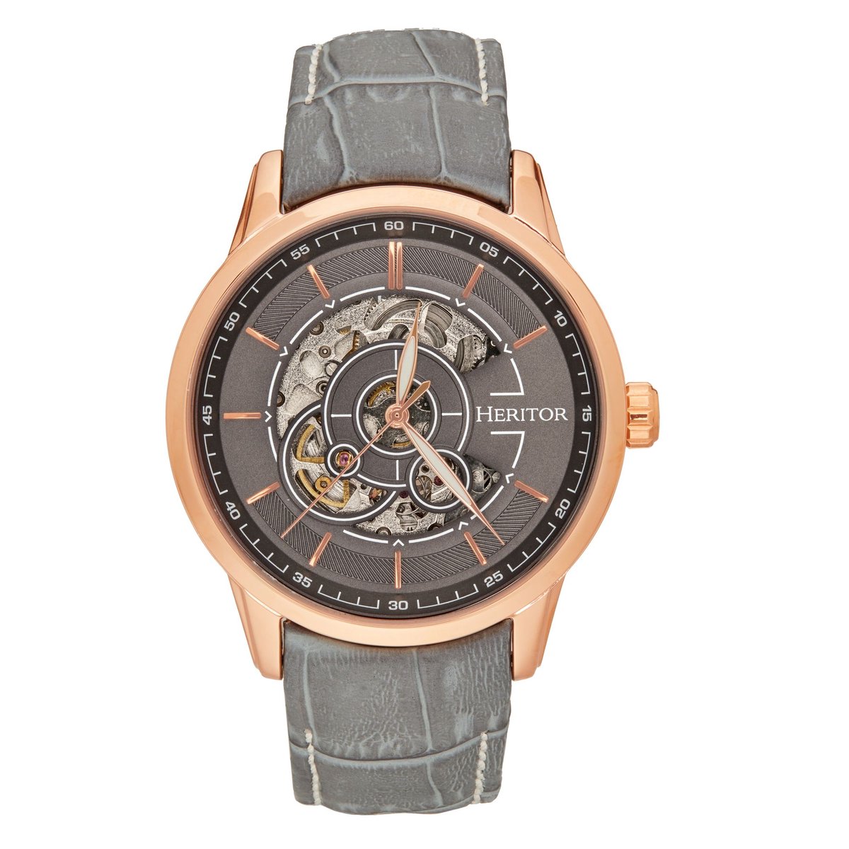 Heritor Automatic Davies Semi-Skelet leren band horloge - Roségoud-grijs
