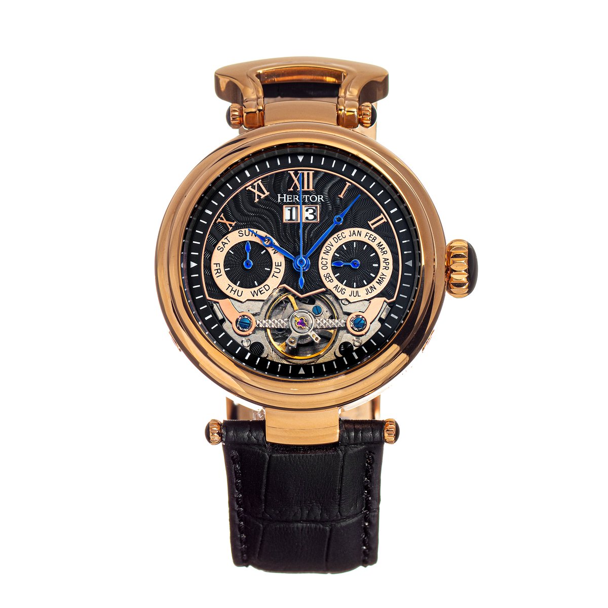 Heritor Automatic Ganzi Semi-Skelet Horloge met Leren Band - Roségoud-Zwart