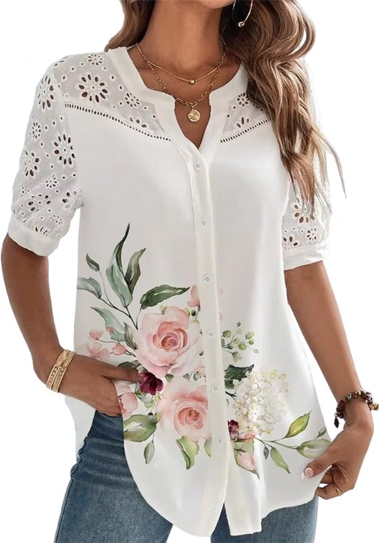 Elegante Dames Blouse - Chique - Bloemen - Wit - Zomer - Korte Mouwen - Lang