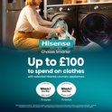 Vrouw in keuken laadt wasgoed in Hisense wasmachine. Aanbieding: tot £100 korting op Hisense wasapparaten.