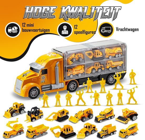 Oranje vrachtwagen met open trailer met 12 mini bouwvakkers en voertuigen, met 12 losse gele figuren en voertuigen ernaast.