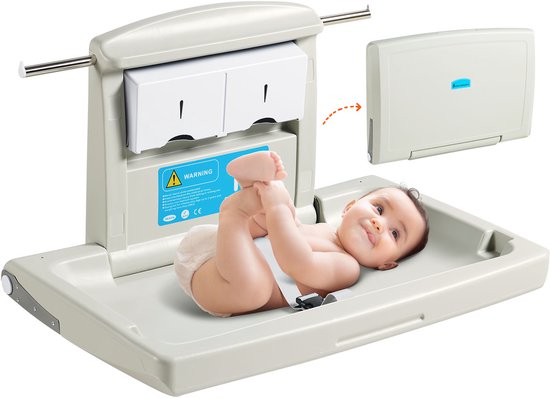 Wandgemonteerde Verschoontafel, Opvouwbare Verschoontafel met Veiligheidsgordels en Ophangstangen, Voor Commerciële Toiletten en Kinderdagverblijven van VEVOR — afbeelding 2