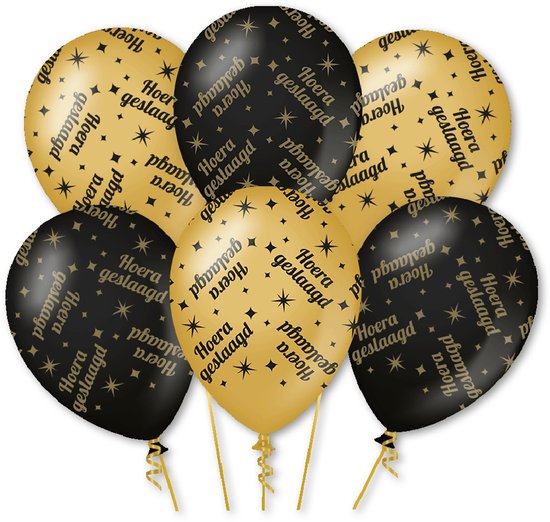 LUQ – Latex Ballonnen Hoera Geslaagd – 6 Stuks – Zwart-Goud – Luxe Feest Decoratie – Party Decoration – Helium Ready