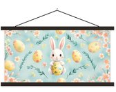 Posterhanger incl. Poster 90x45 cm - Schoolplaat - Konijn - Eieren - Takjes - Textielposter - Zwarte latten