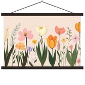 Posterhanger incl. Poster 60x40 cm - Schoolplaat - Pasteltinten - Bloemen - Illustratie - Textielposter - Zwarte latten