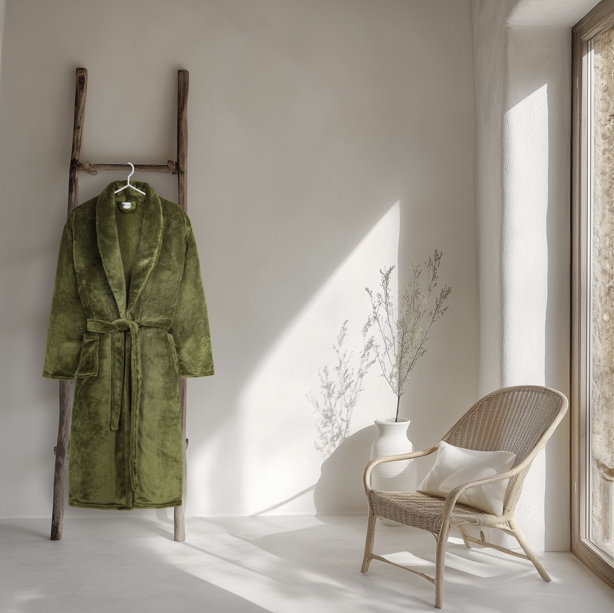 Good Morning badjas effen kleur - XL/XXL - Olijfgroen - 100% Polyester flanel