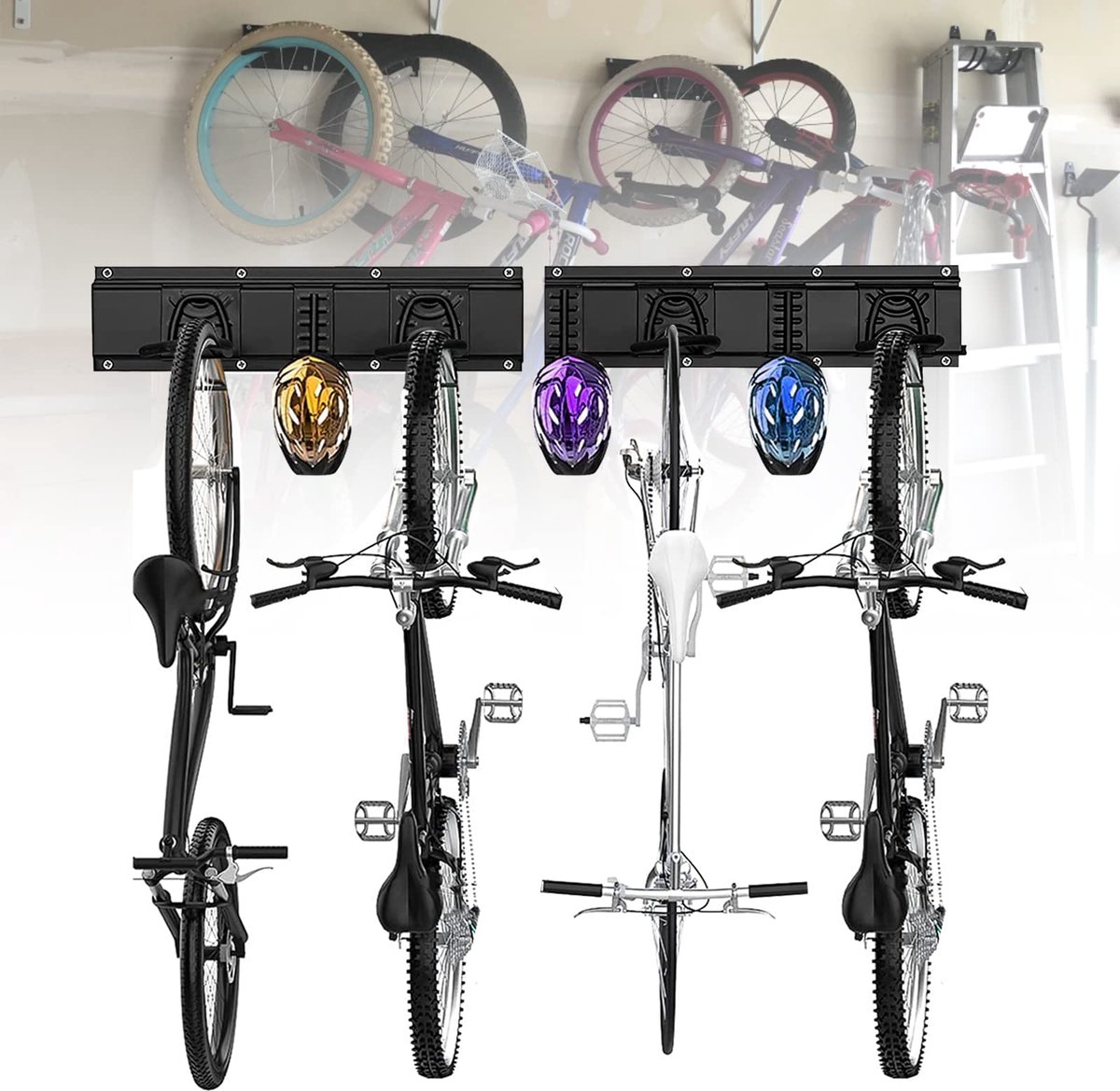 Boraboi® Fietsen Wandbevestigingssysteem voor Vier Fietsen en Drie Helmen in Garage of Huis, Ruimtebesparend Ontwerp