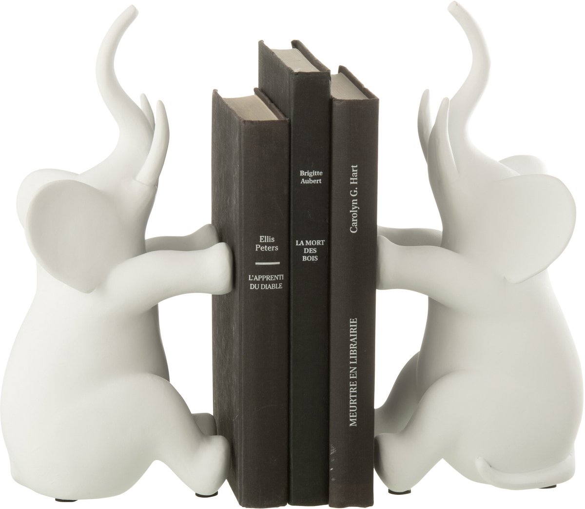 J-Line boekensteun Olifant Zittend - polyresin - wit - set van 2
