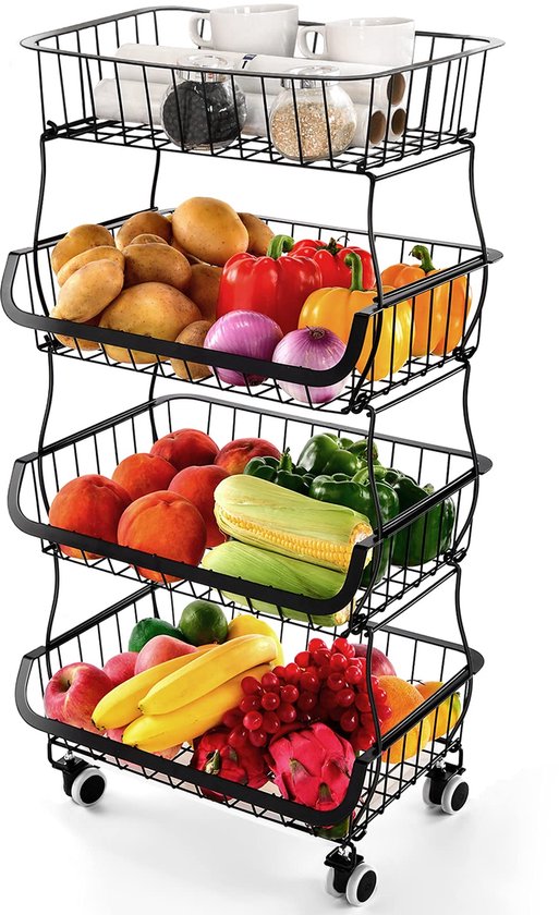 Eurostockdeals – Keukentrolley Vierkant – 5 Laags Keukentrolley Voor Groente En Fruit Keukenrek Op Wielen Opbergkast Met Manden Draaibare Opbergmand Met Wielen Carbon Staal Zwart