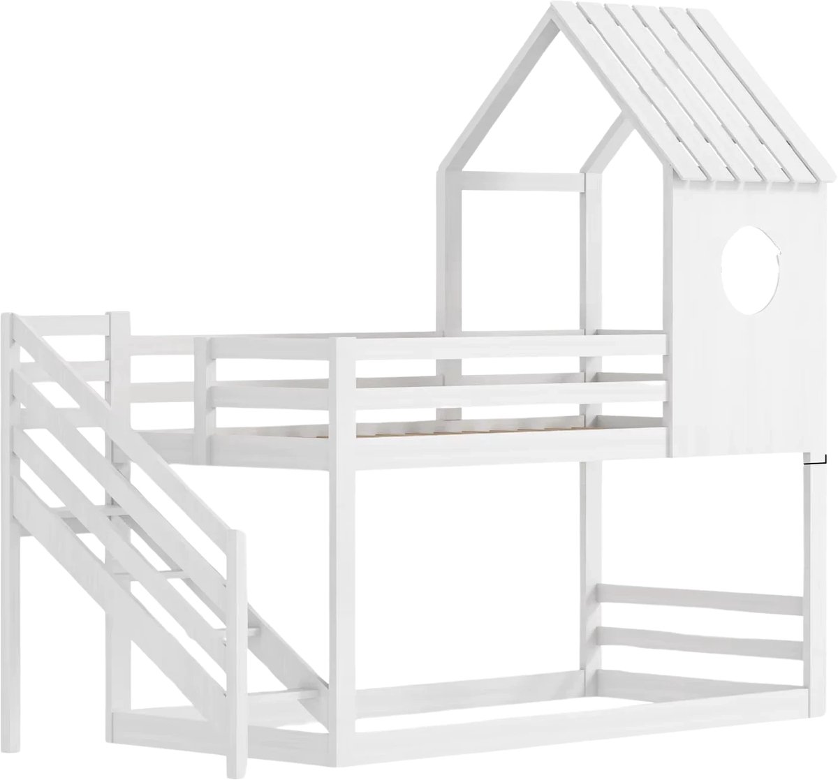 Bolt Edge Stapelbed 200 x 90 cm - Voor Kinderen - 2 kinderbedden - Hoogslaper - Met Hoektrap, valbeveiliging en raam - Peuterbed Wit