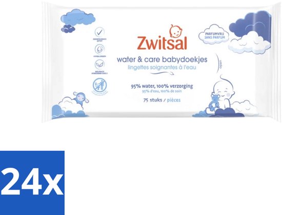 Zwitsal 0% Parfum - Babyverzorging - Babydoekjes Water & Care - 75 Doekjes - Voordeelverpakking - 24 stuks