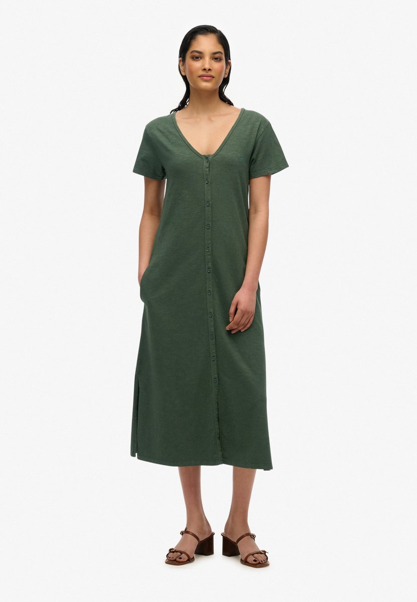 Superdry - Jersey midi-jurk met korte mouwen en knoopsluiting - Dames - Jurken