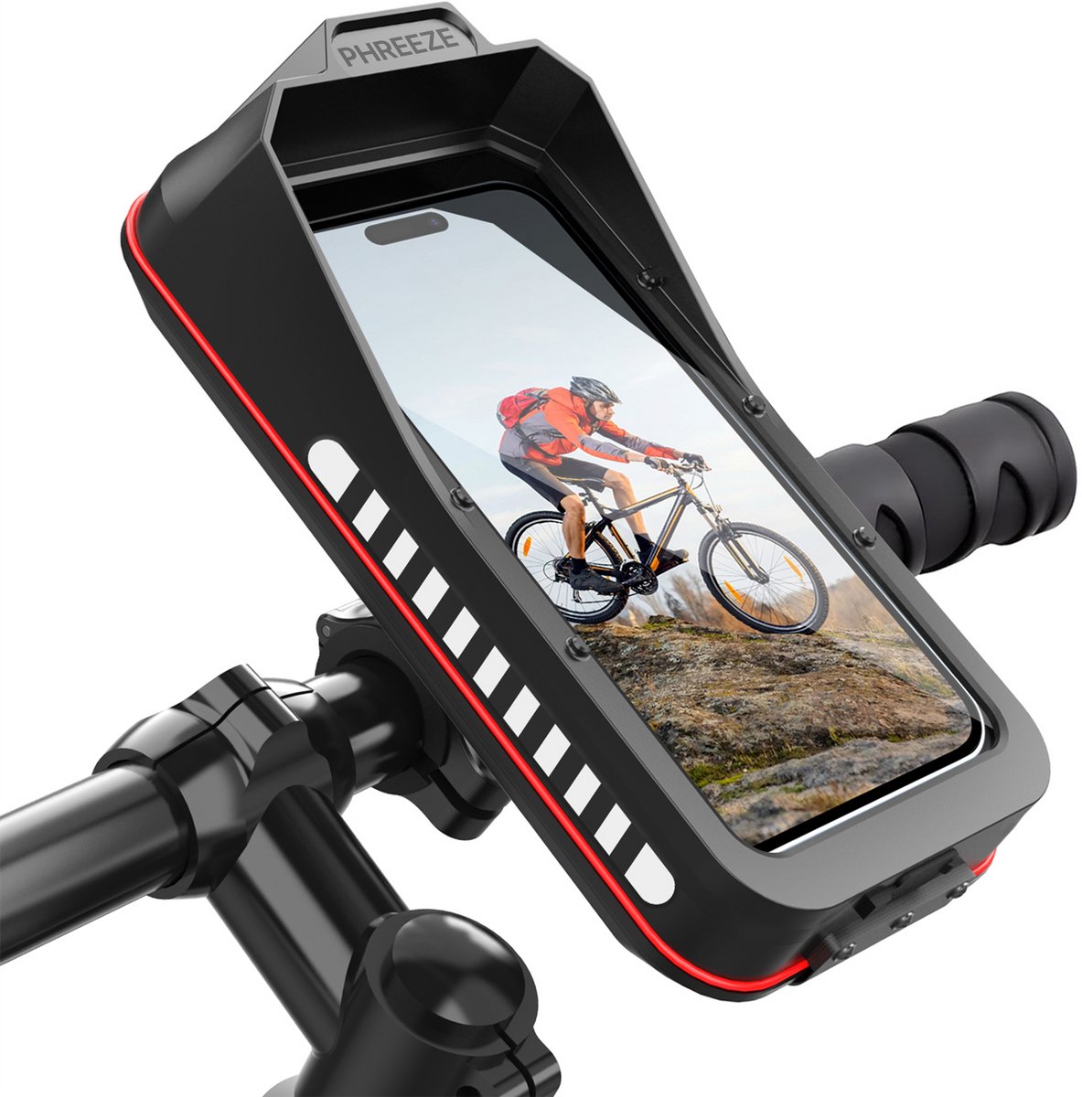 Telefoonhouder Fiets - Met Opbergvak - Met Kliksysteem - Anti-Diefstal - Stuurbevestiging - Waterdicht - 360 Graden Draaibaar - Universeel - Zwart