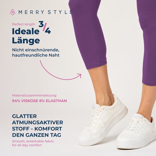 Merry Style MS-MS10-199-LE Dames Capri Leggings - Sport - Vrijetijdsbroek - 3/4 Lengte - Katoen - Sporbroek - Yogabroek - Paars - L