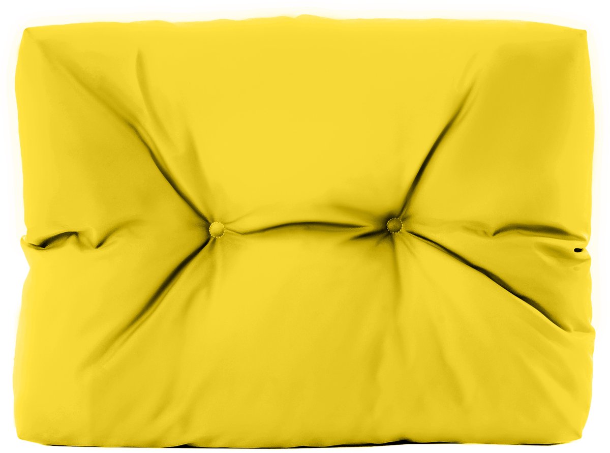 Stijlvol waterbestendig getuft klein rugkussen voor palletbank in tuinsetting.