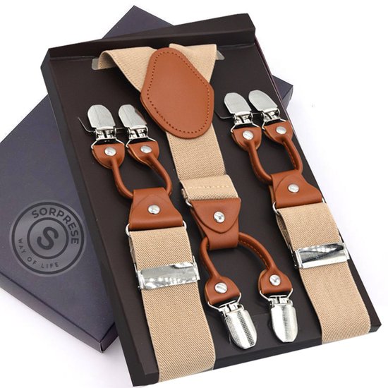 Sorprese - Bretelles de Luxe Chique - Crème - Cuir Cognac - 6 clips robustes - Bretelles Adultes - Coffret cadeau inclus