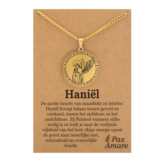 Beschermengel Haniël Ketting op Cadeau Kaartje - Goudkleurig - Aartsengel Talisman / Medalion - Stainless Steel Engelen Hanger - 60cm