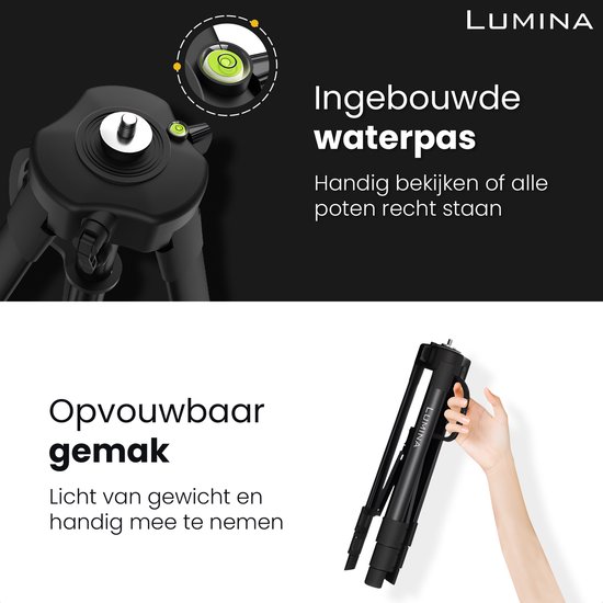 Lumina statief met ingebouwde waterpas en opvouwbaar ontwerp, getoond in gebruik.
