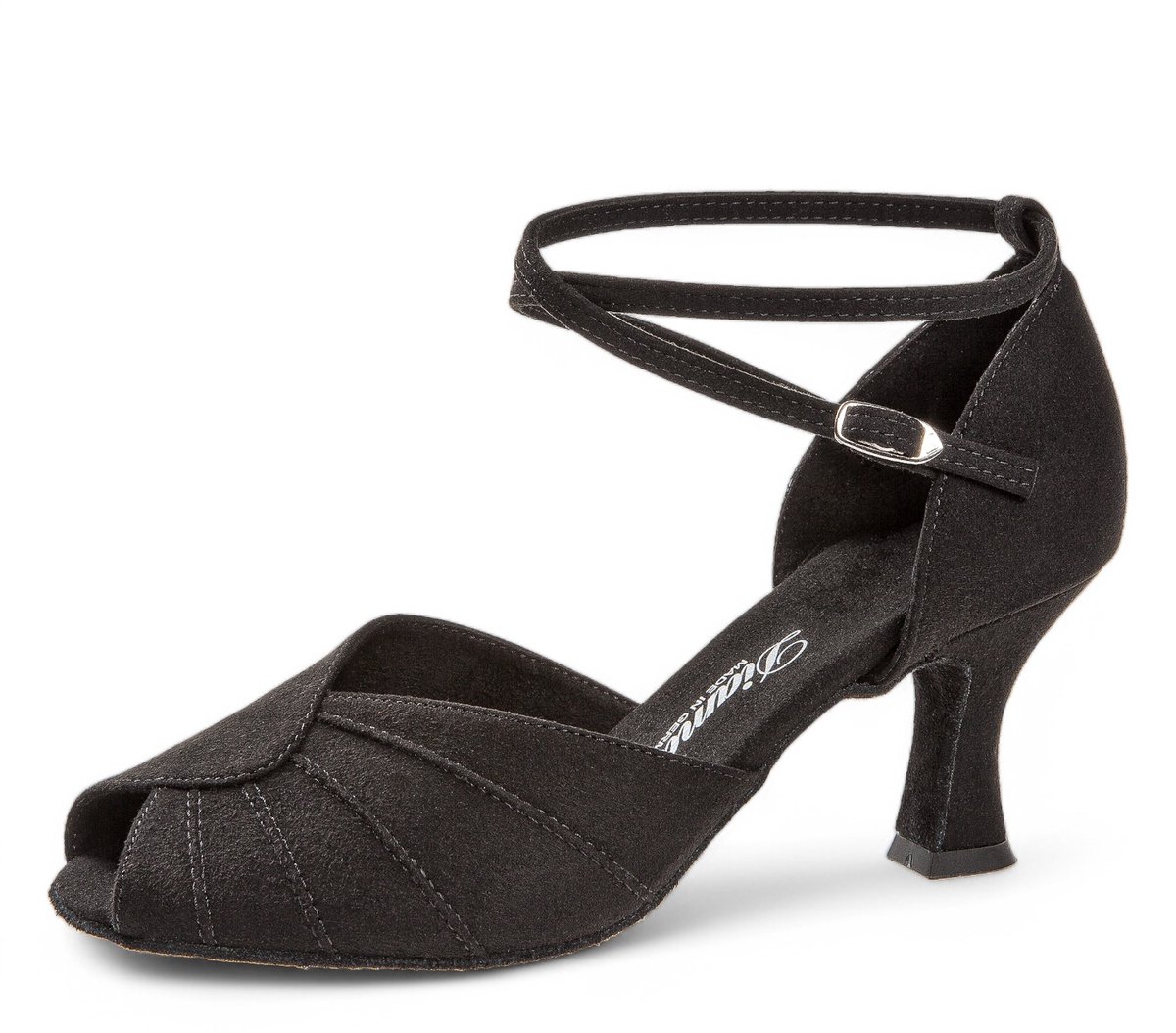 Diamant 027 - 060 - 040 - Zwart Synthetisch Nubuck - 6.5cm Latino Hak - Dubbele enkelbandjes - Stevige pasvorm - Handige druksluiting - PeepToe - Extra comfort - Latin, Tango, Salsa, Kizomba, Bachata - Diamant - Zwart - 44