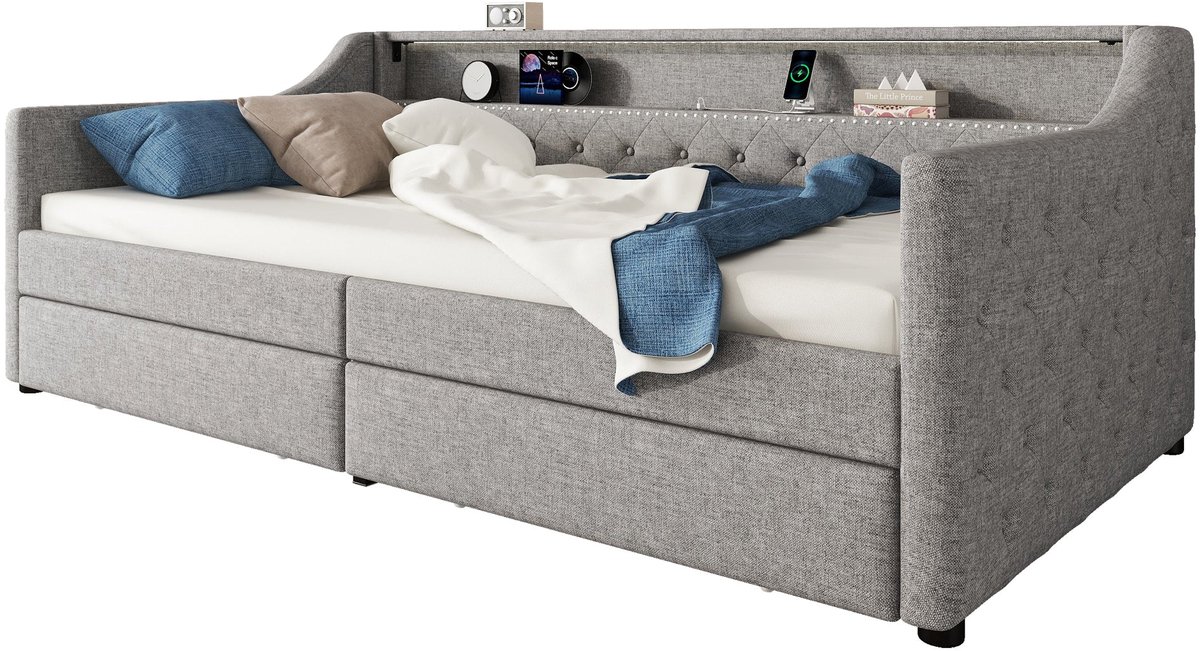 Merax 90x200cm Slaapbank - Daybed met Lattenbodem USB-C Oplaadpoort 2 Opbergladen en Ambientelicht - Grijs